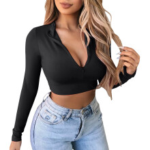 Top corto de manga larga para mujer con cremallera de un cuarto, forrado, cuello en V, ajustado, sexy, tops para mujer 2024 Negro L