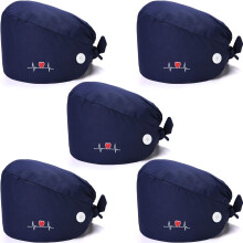 5 Pieces Bouffant Cap with Buttons Unisex Sweatband Adjustable Tie Back Hat