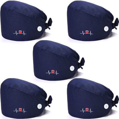 5 Pieces Bouffant Cap with Buttons Unisex Sweatband Adjustable Tie Back Hat