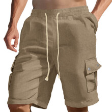 Bermuda cargo masculina, cor sólida, estilo casual folgado, com vários bolsos, em algodão e linho, com cordão ajustável, tamanhos P a 3XG.