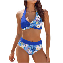 Bikinisetit naisille, korkeavyötäröiset uimapuvut naisille, retrokuvioinen uimapukusetti, uimapuku, rantahame, jaettu uimapukusetti, sininen, AS
