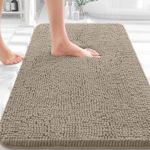 Kylpyhuoneen matot 36x24, pehmeää imukykyistä šenilleä kumitaustalla, nopeasti kuivuva ja konepestävä, lämmin taupe – yhteensopiva