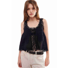 Damen Sommer Boho Tops mit Bindeband vorne, Spitze, Strand-Tanktop mit Knopfleiste, ärmellos, Mesh-Chiffon-Crop-Top, Y2k2025, Schwarz, Größe L