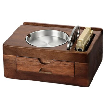 Cenicero de Madera para Puros con Cortador, Soporte para Teléfono, Porta Puros, Cajón para Accesorios y Ranura para Encendedor.