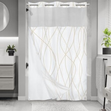 Beige Khaki Striped Shower Curtain Set with Snap-in Liner