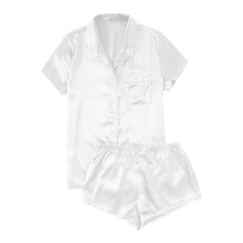 Conjunto de pijama feminino Ediodpoh, casual, em cetim de seda, com blusa de manga curta com botões e shorts, branco_001XL
