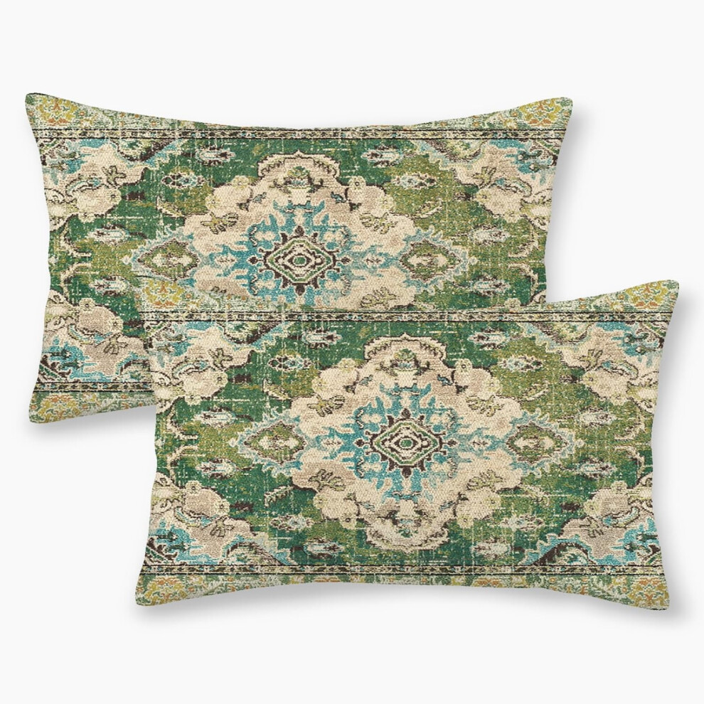 Boho Pillow Covers 12X20, Set Of 2 Sage Vintage Rug Pattern, Linen Lumbar Cushion Covers For Sofa, Farmhouse & Outdoor Decor Green
