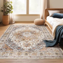 Vintage area rug washable 4x6 ft soft low-pile non-slip