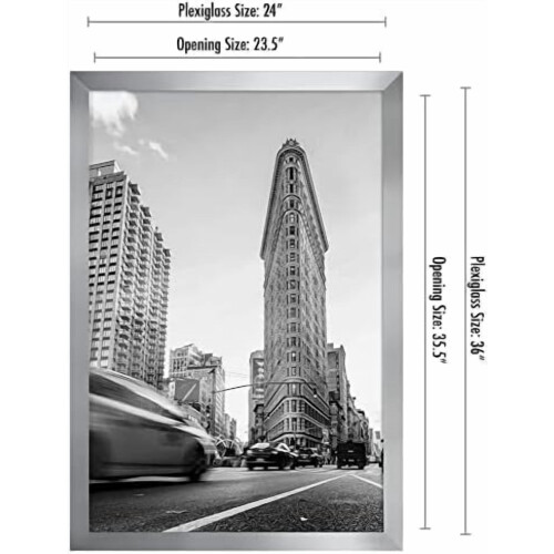 24x36 Poster Frame with Polished Plexiglass – Silver, Engineered Wood, Vertical/Horizontal Display – Compatible with Epic Collection 1