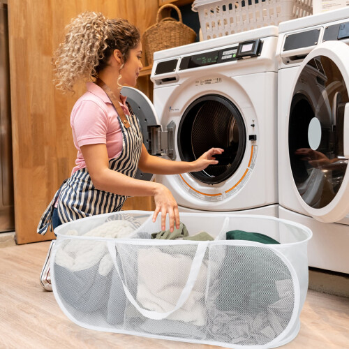 Collapsible Pop-Up 3 Compartment Laundry Hamper with Side Pocket, White 1