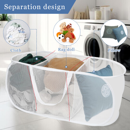 Collapsible Pop-Up 3 Compartment Laundry Hamper with Side Pocket, White 2