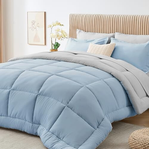 King Comforter Set Blue Light Grey 7-Piece