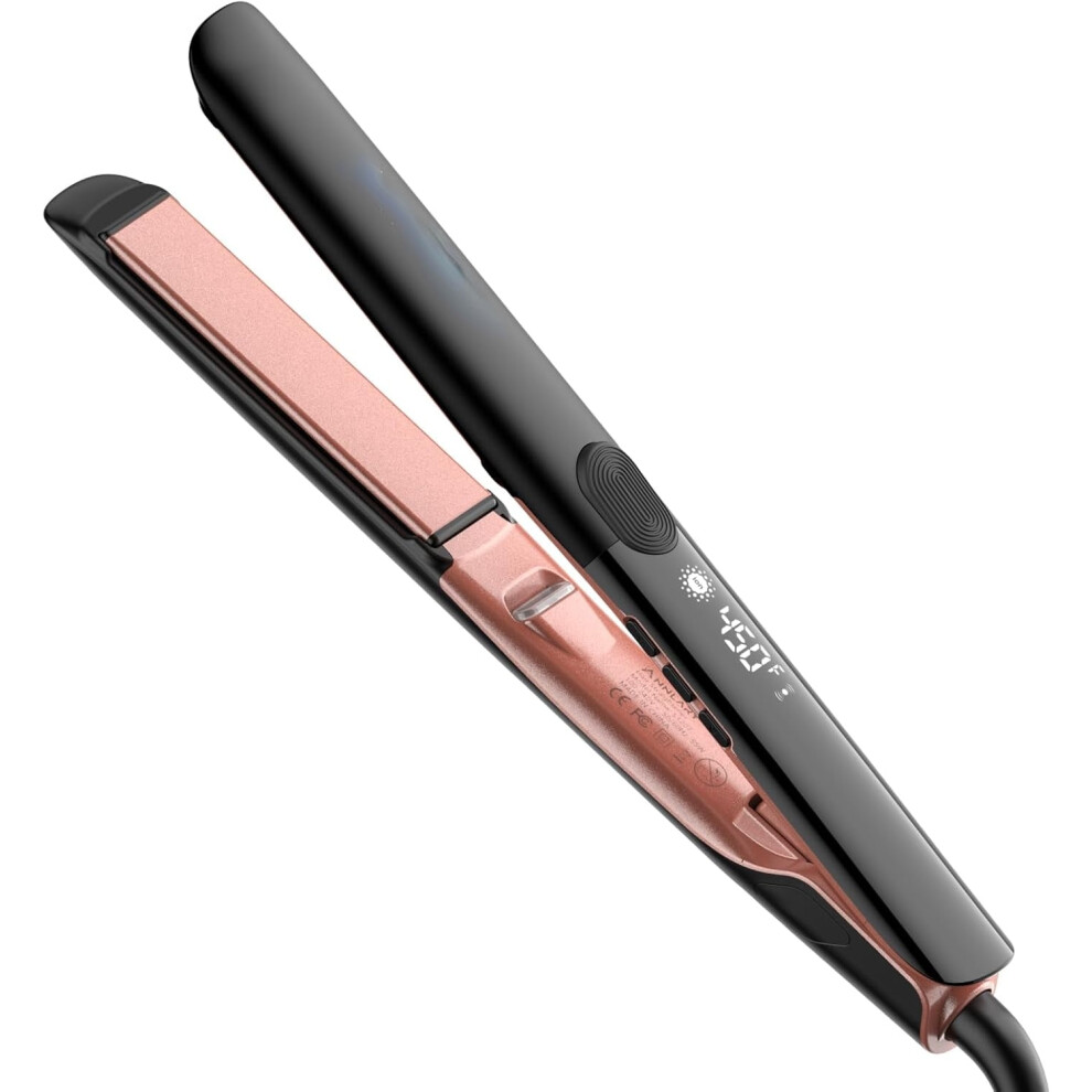 1" 2-in-1 Titanium Ceramic Flat Iron & Curler, Dual Voltage, Ionic, Anti-Scald Silicone, Less Frizz, Shinier Hair