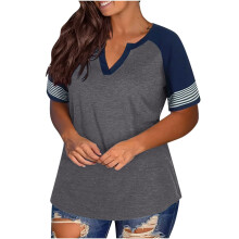 T-shirts à manches courtes pour femmes, color block, col en V, grandes tailles, basiques, hauts d'été, blouses