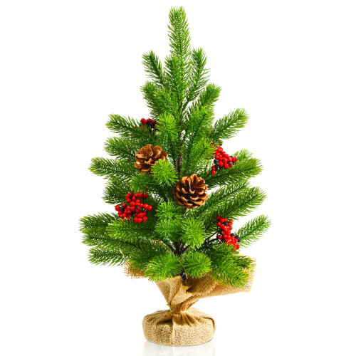 2ft Mini Christmas Tree with 60 Tips, Pine Cones & Berries – Small Tabletop Artificial Pine Tree for Xmas Home Décor