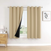 100% Blackout Curtains for Bedroom, Black Liner, Thermal Insulated Grommet Curtains 2 Panels (Beige, 52x45")