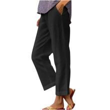 Gerade geschnittene Damenhose, Damenhose in Übergröße, gerade geschnittene Schlauchhose aus Baumwoll-Leinen-Mischgewebe mit elastischem Bund und