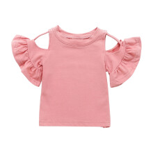 Roupa Infantil para Menina, Blusa de Verão para Meninas, Blusa Infantil Feminina da Moda, Cor Sólida, Babados, Ombro a Ombro, Manga Curta, Rosa, 2