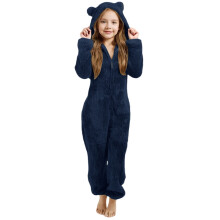 Plush Cartoon Animal Onesie for Girls & Boys – Warm Hooded Zip-Up Fuzzy Jumpsuit, Navy, Size 120