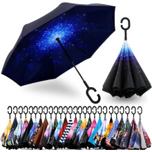 49/56 Inch Inverted Reverse Upside Down Umbrella, Extra Large Double Canopy Vented Windproof Waterproof Stick Golf Umbrellas with C-shape Handle.