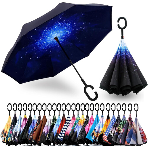 49/56 Inch Inverted Reverse Upside Down Umbrella, Extra Large Double Canopy Vented Windproof Waterproof Stick Golf Umbrellas with C-shape Handle.