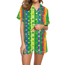 Pyjama met St. Patrick's Day-print voor dames: top met korte mouwen en short met klaverprint, tweedelige pyjamaset.