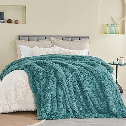 Fuzzy Faux Fur Throw Blanket Twin Size Light Teal 1