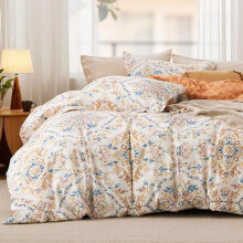 Queen Duvet Cover Set – Reversible Floral Boho Orange, 3-Pc with Zipper, 8 Corner Ties & 2 Shams (20"x26")