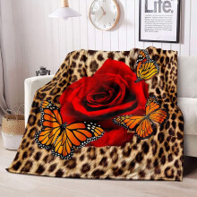 Brown Leopard Throw Blanket with Red Rose & Butterfly Print, Soft Fuzzy Fleece, 30"x40", for Couch/Sofa