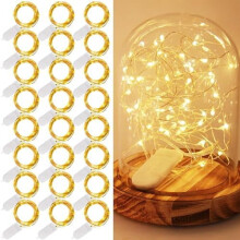 Guirlande lumineuse féérique à piles (24 LED incluses), 2,13 m, 20 LED, fil argenté étanche, blanc chaud – Compatible avec les projets DIY