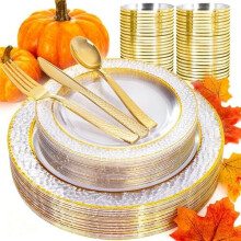 150PCS Clear Gold Plastic Plates Set w/ Gold Rim: 25 Dinner, 25 Dessert, 25 Forks, 25 Knives, 25 Spoons, 25 Cups – Wedding, Party, Thanksgiving