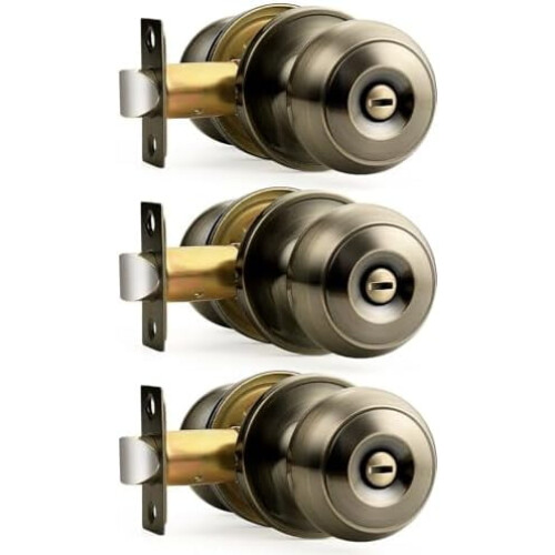 Bed/Bath Keyless Privacy Interior Door Knobs, Antique Brass Door Knobs 3 Pack