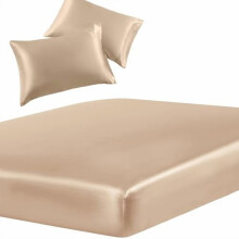 Ensemble de draps en satin 3 pièces : drap-housse beige infroissable, résistant à la décoloration, à poches profondes (15 po) + 2 taies