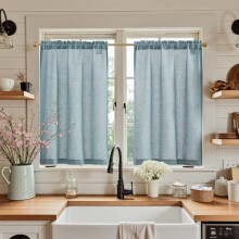 Lingardiner til kjøkken, 91 cm, landlig kaféstil, stanglomme, lysfiltrering, rustikk lin, 2 paneler, melert blå – kompatibel med standardgardiner