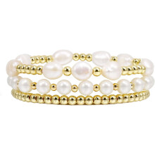 Gold Beaded Bracelets for Women Baroque Pearl Stackable14K Gold Plated Stretch Bead Ball Bracelet Jewelry Gifts