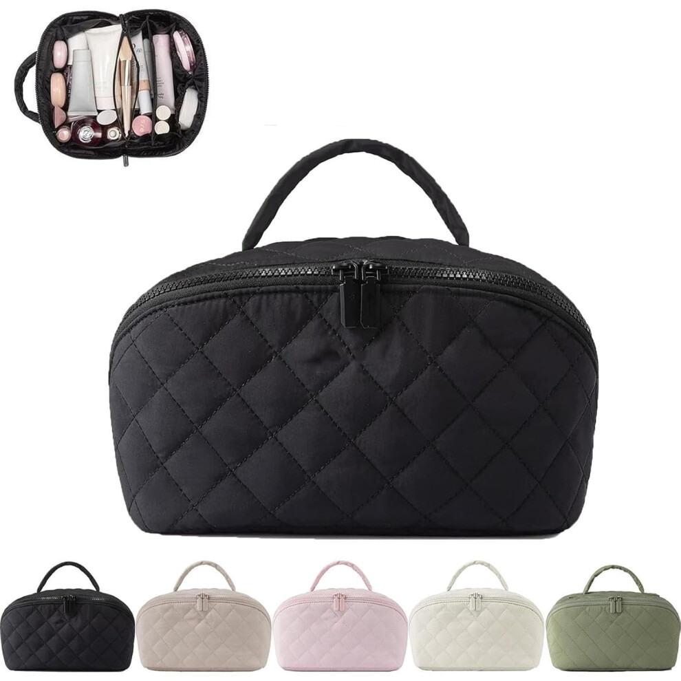 2026 New Travel Makeup Bag, Wide-Open Lay-Flat Water-Resistant Cosmetic Case with Compartments, Puffy Padded Toiletry Organizer