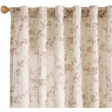 Taupe Floral Linen Curtains 84", Farmhouse Back Tab Drapes, Light Filtering, Vintage Rod Pocket, 2 Panels, Taupe on Beige