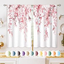 Pink Eucalyptus Botanical Curtains, 27.5x39", Farmhouse Kitchen & Bathroom Tier Drapes – Compatible with Standard Rods