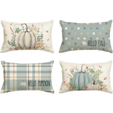 Housses de coussin décoratives « Bonjour l’automne » et « Bonjour citrouille », 45 x 45 cm, motif eucalyptus orange, pour canapé ou