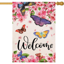 Bandiera da giardino primaverile/estiva con fiori, farfalle e sakura, in tela di iuta, bifacciale, 71x102 cm, compatibile con aste portabandiera