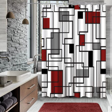 Rideau de douche rouge et noir, 183 x 183 cm, motif géométrique moderne du milieu du siècle, en tissu avec crochets