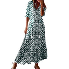 Abiti estivi da donna taglie forti, alla moda, casual, primavera ed estate, con scollo a V e maniche a tre quarti, stampati, lunghi e fluidi, da