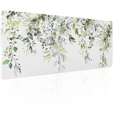 Saliegroene muismat met bloemenprint, XL formaat, 31,5 x 11,8 inch, antislip rubberen onderkant, gestikte rand – compatibel met alle muizen