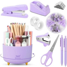 Set di articoli da ufficio viola da 10 pezzi: portamatite, cucitrice, dispenser di nastro adesivo, forbici, righello, clip, 1000 punti metallici