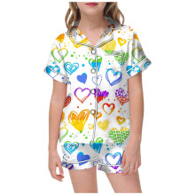 Ediodpoh Kids Pajama Set for Girls, Valentine's Day Print, Short Sleeve Button Top + Shorts with Pockets, Yellow, 6-7 Years