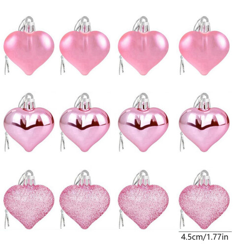 Valentines Heart Ornaments Set Pink Glitter 12 Pcs 2
