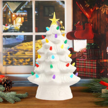 6inch Ceramic Christmas Tree, Pre-lit Hand-Painted Tabletop Holiday Tree, Star Topper, 64 Lights - White w/Multicolored Bulbs