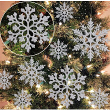 36 Pcs Silver Glitter Snowflake Ornaments Various Size Plastic Christmas Tree Decorations with Rope for Winter Wonderland Window Door Accessories
