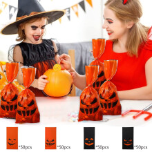 50 sacchetti per caramelle di Halloween, sacchetti per dolcetti o scherzetti a forma di zucca intagliata - Sacchetti in plastica resistenti per