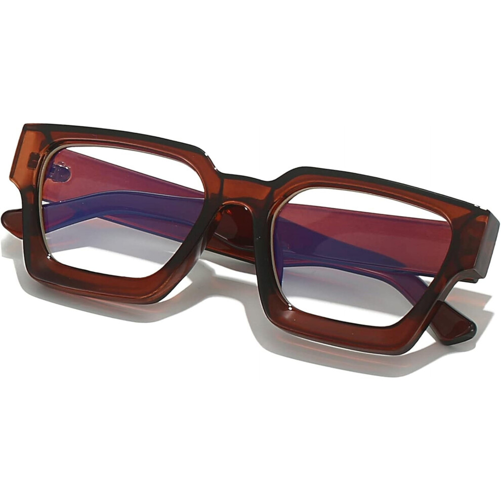 Square Thick Frame Glasses for Women Men Fashion Blue Light Glasses Trendy Chic Computer Eyeglasses (Brown)